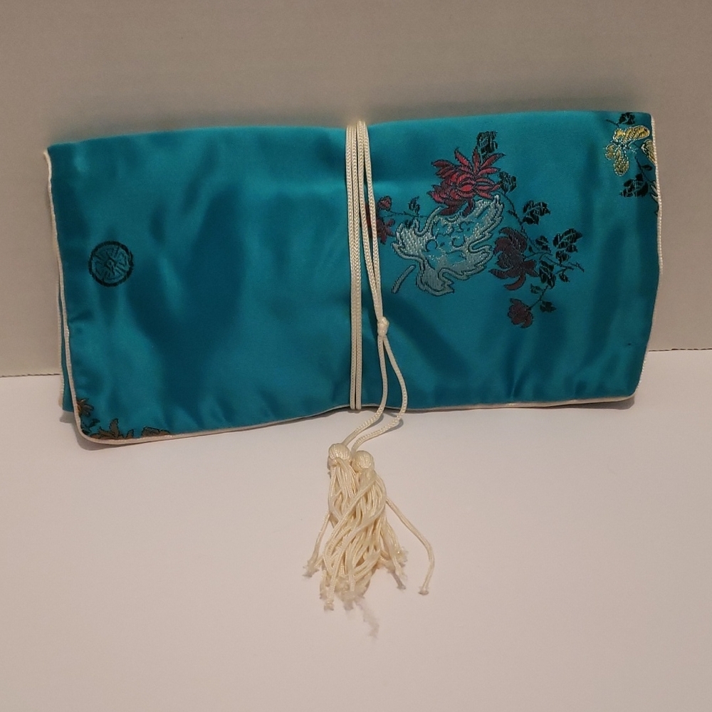 Turquoise E Satin Clutch Bag with Tassel